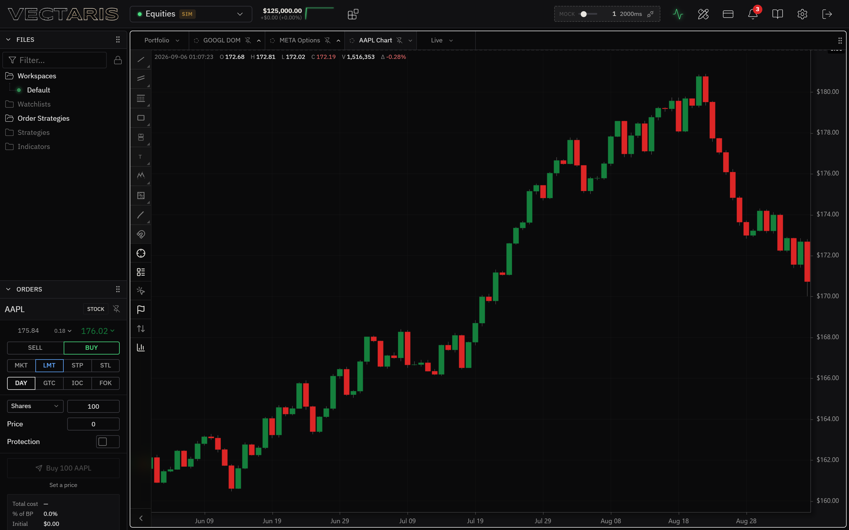 Vectaris trading workspace showing charts, DOM, options chain, and portfolio in a customizable multi-window layout